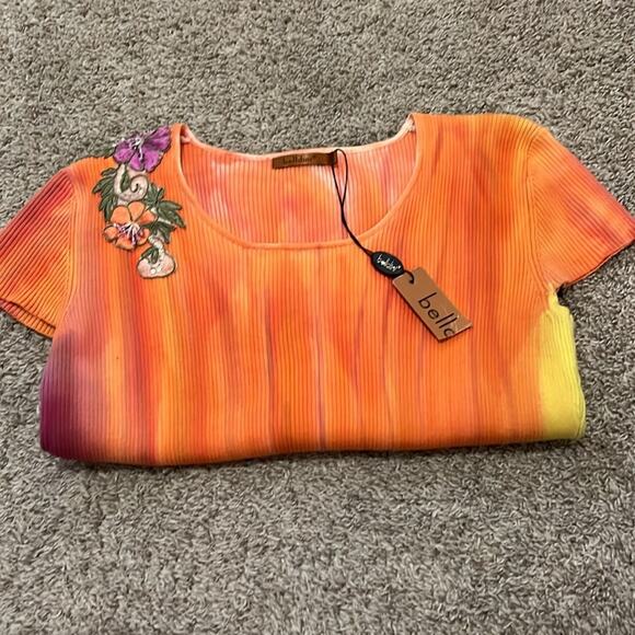 NWT Belldini Top Large Shirt Embellished Orange Tye Dye Boho‎ Embroidered Floral - Picture 16 of 16